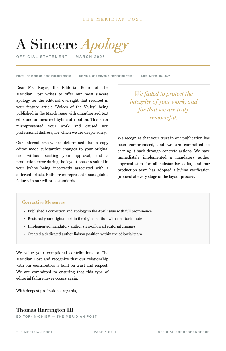 Editorial magazine apology letter